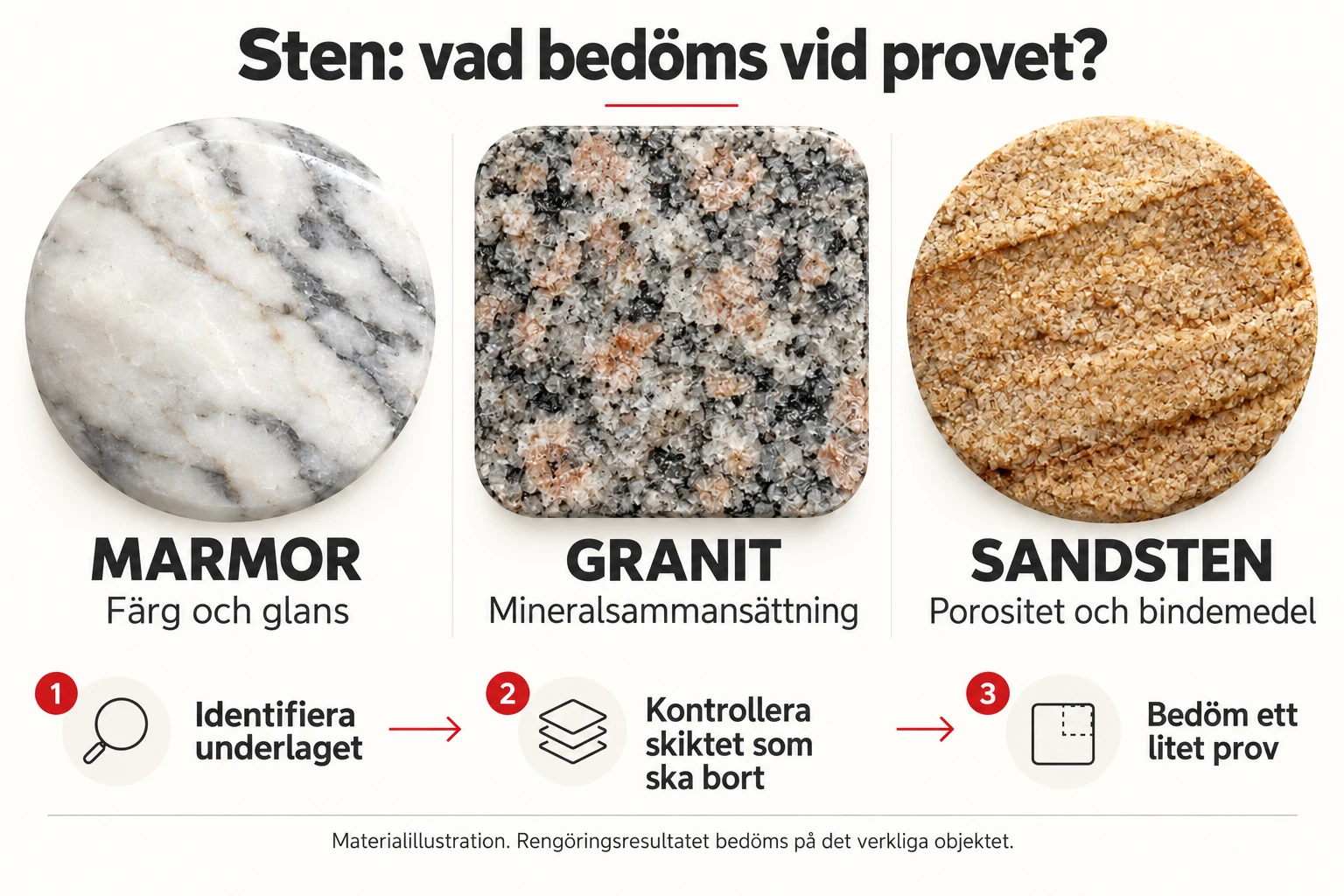 Marmor, granit och sandsten: färg och glans, mineralsammansättning samt porositet och bindemedel